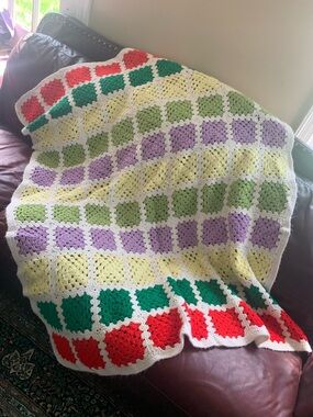 Vtg Granny Square Crochet Afghan Blanket 67x62 Colorful Grid Stripe Boho Throw